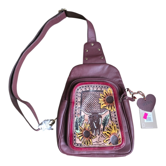 Myra Bag Leather Sling Bag With Steer And Sunflowers! Absolutely Beautiful! - Picture 1 of 9